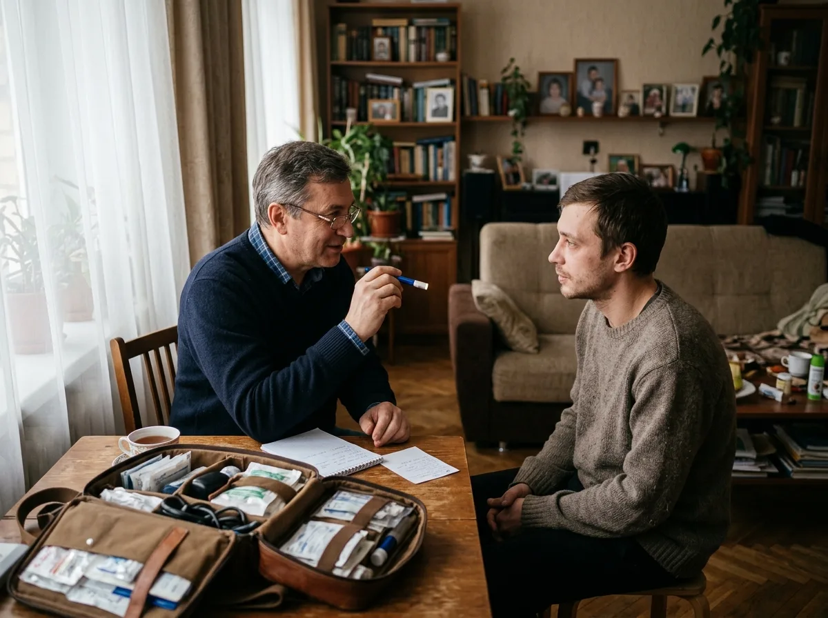 Врач нарколог в гражданской одежде осматривает пациента на дому, уютная квартира, профессиональная медицинская сумка на столе, доверительная атмосфера