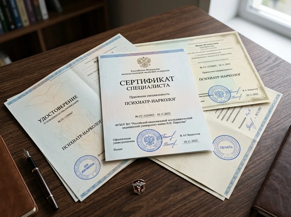 Несколько медицинских сертификатов специализации психиатра-нарколога разложены веером на столе, официальные документы с печатями