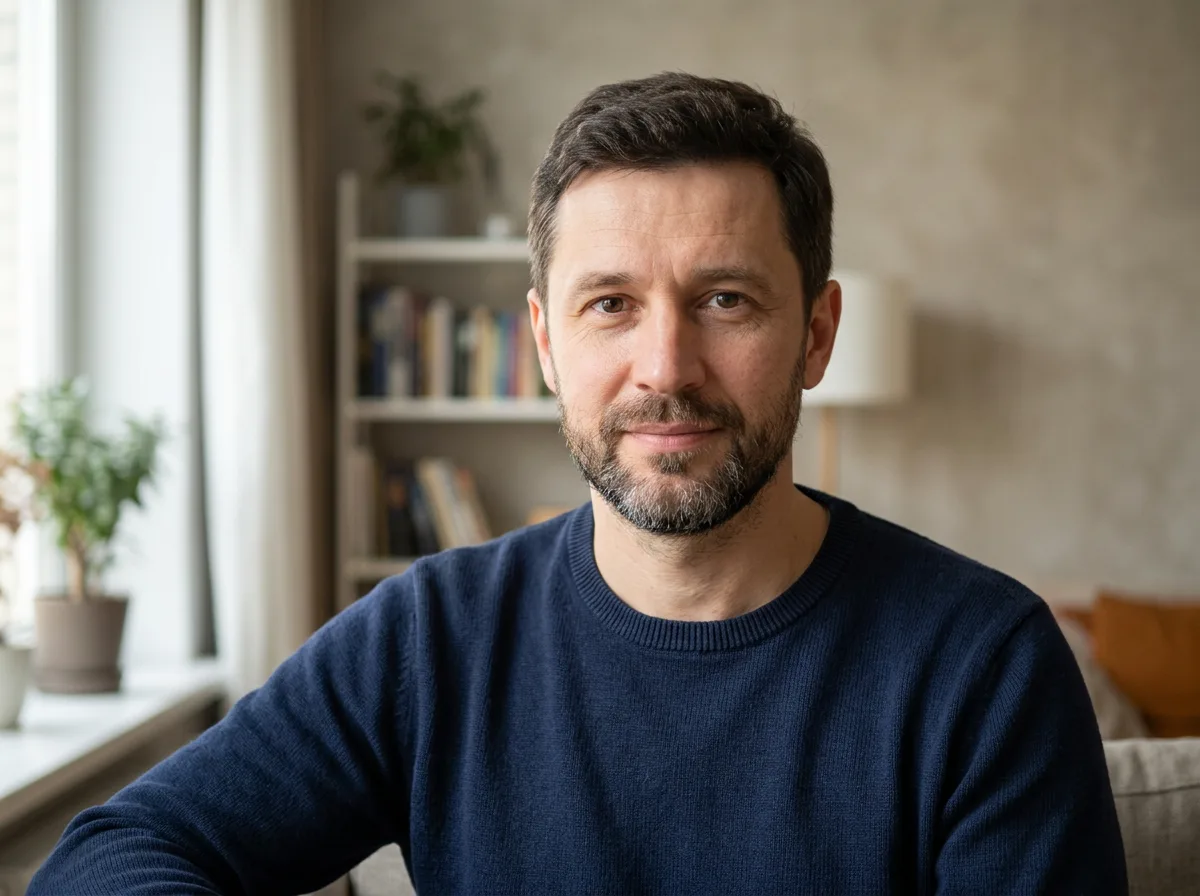 Аватар мужчины Андрея 38 лет, спокойный взгляд, обычная одежда, нейтральный фон